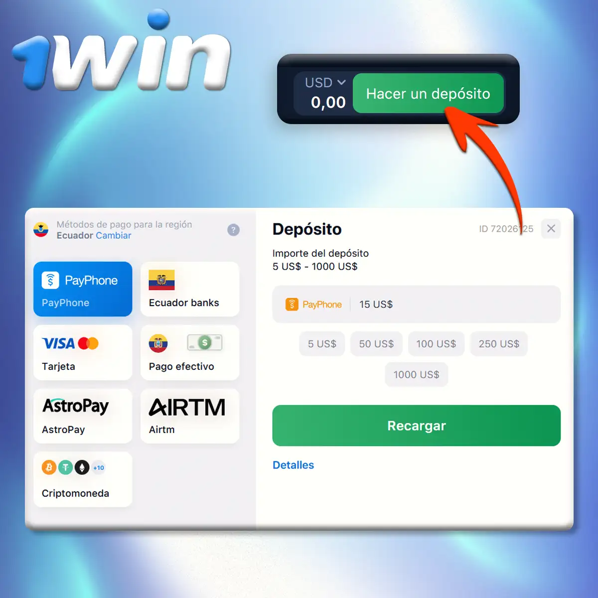 Metodos de pago en Ecuador en 1Win